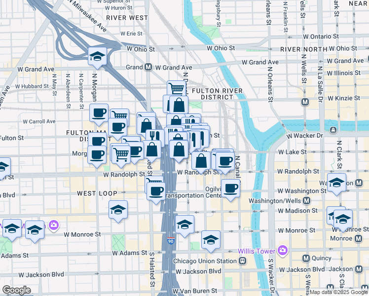 map of restaurants, bars, coffee shops, grocery stores, and more near 222 North Desplaines Street in Chicago