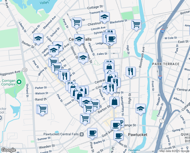 map of restaurants, bars, coffee shops, grocery stores, and more near 12 Washington Street in Central Falls