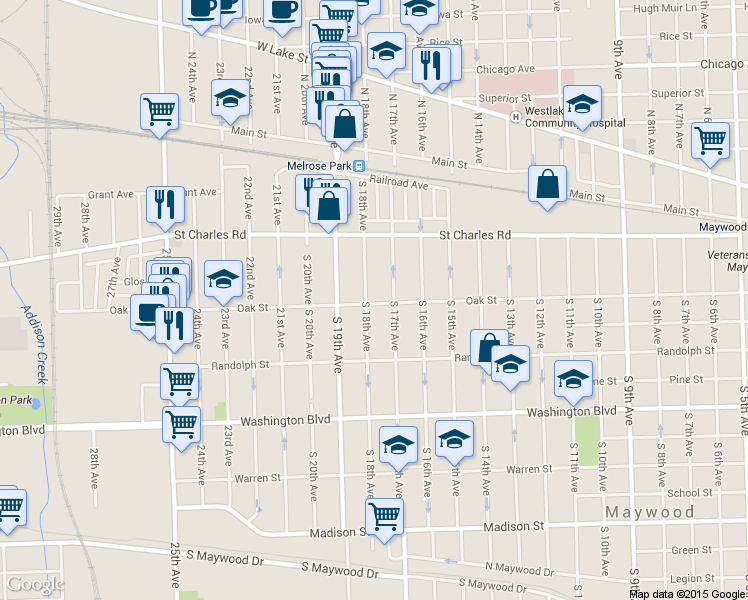map of restaurants, bars, coffee shops, grocery stores, and more near 157 S 18th Ave in Maywood