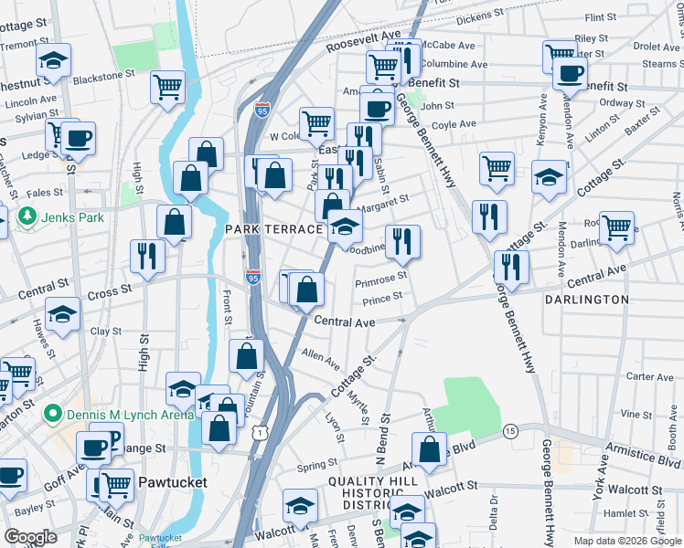 map of restaurants, bars, coffee shops, grocery stores, and more near 91 Daniels Street in Pawtucket
