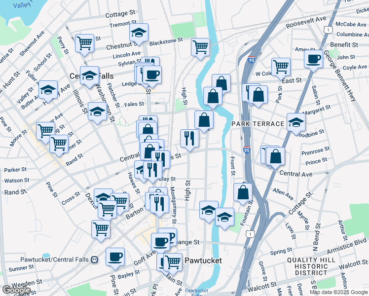 map of restaurants, bars, coffee shops, grocery stores, and more near 27 Cross Street in Central Falls