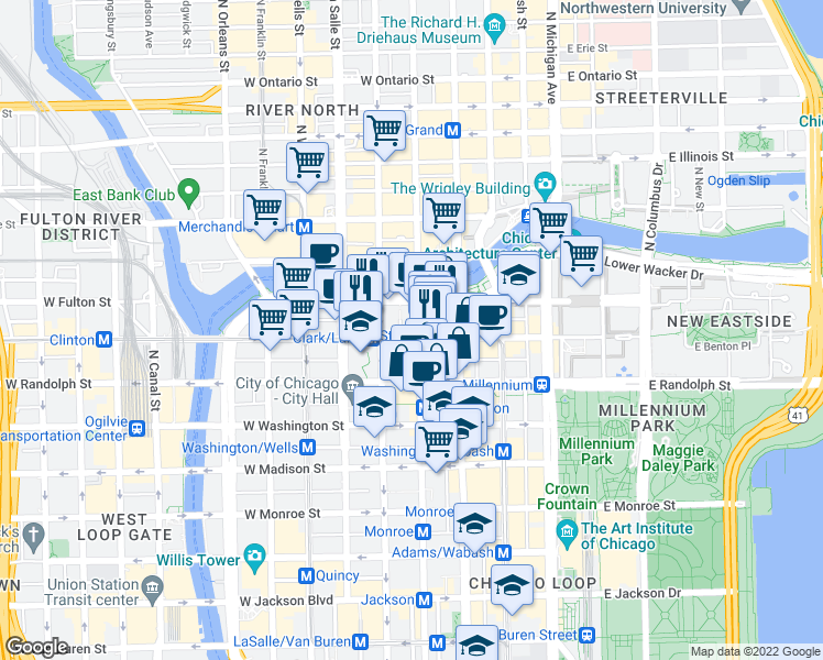 map of restaurants, bars, coffee shops, grocery stores, and more near 55 West Wacker Drive in Chicago