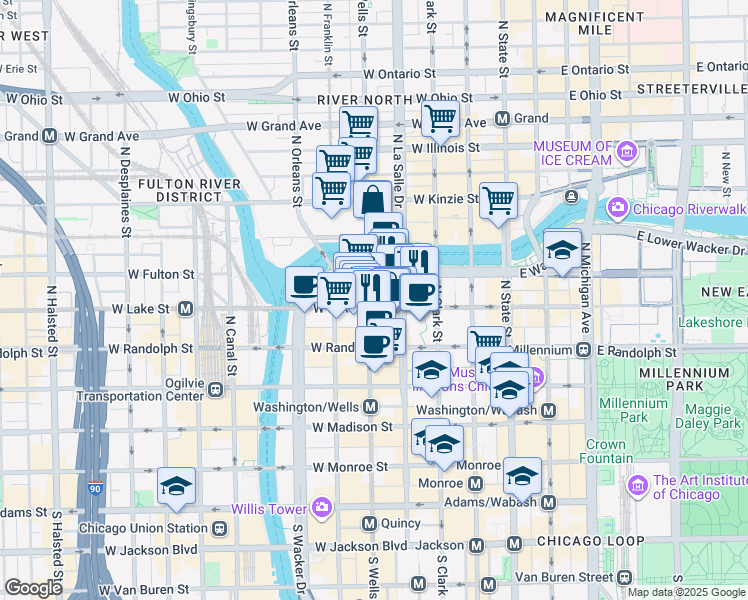 map of restaurants, bars, coffee shops, grocery stores, and more near 200 North LaSalle Drive in Chicago