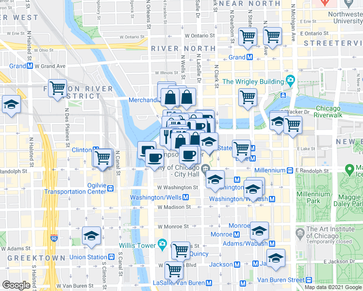 map of restaurants, bars, coffee shops, grocery stores, and more near in Chicago