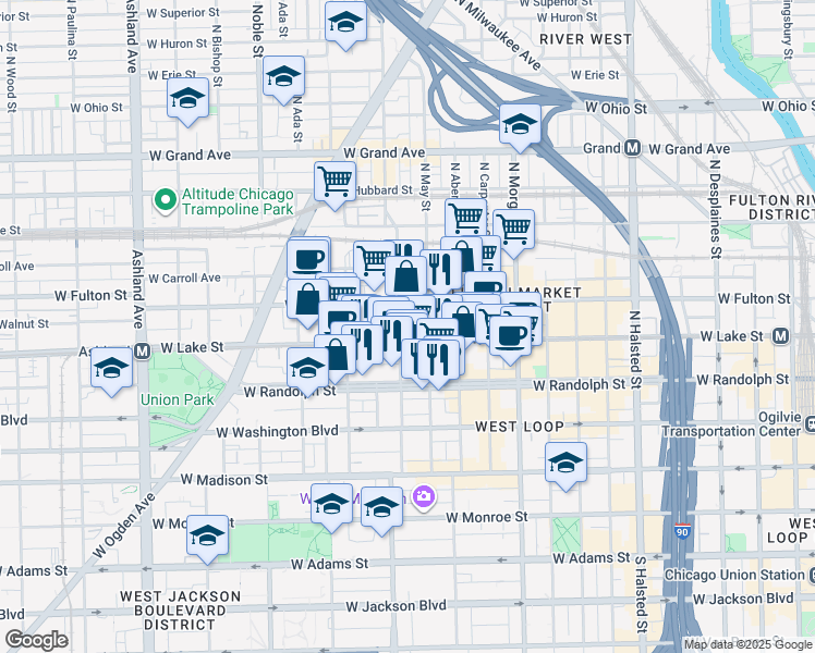 map of restaurants, bars, coffee shops, grocery stores, and more near 210 North Racine Avenue in Chicago