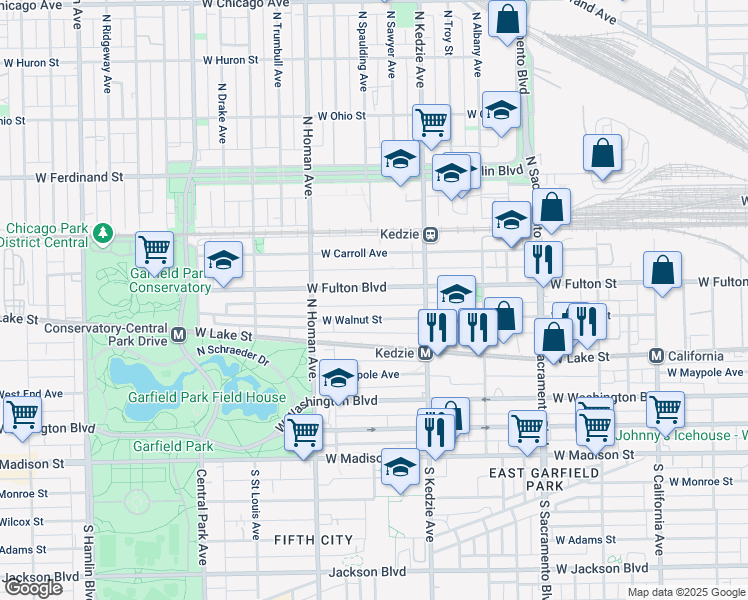 map of restaurants, bars, coffee shops, grocery stores, and more near 3249 West Fulton Boulevard in Chicago