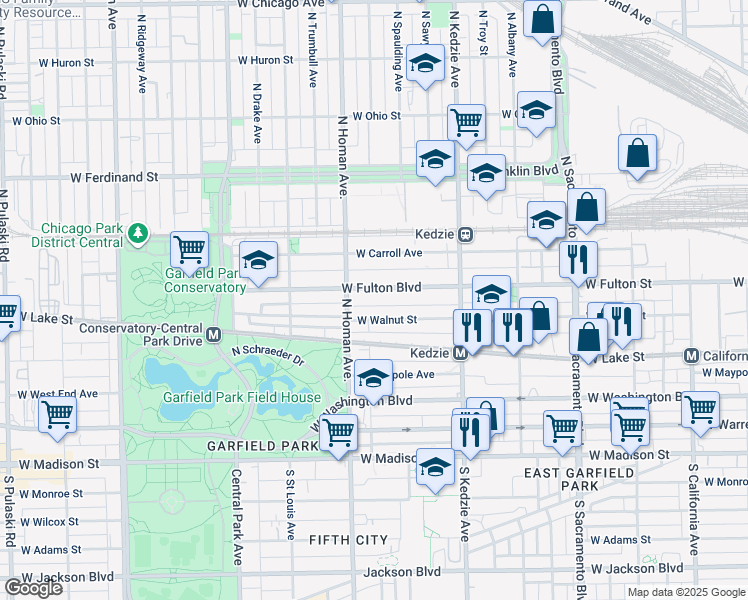 map of restaurants, bars, coffee shops, grocery stores, and more near 3317 West Fulton Boulevard in Chicago