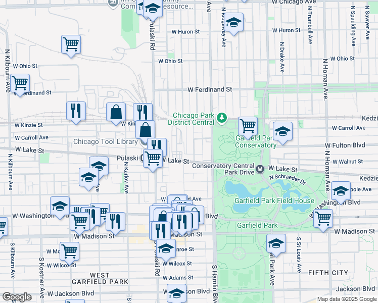 map of restaurants, bars, coffee shops, grocery stores, and more near 324 North Avers Avenue in Chicago
