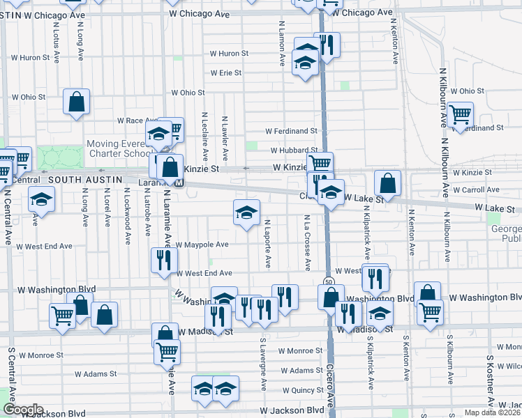 map of restaurants, bars, coffee shops, grocery stores, and more near 4952 West Fulton Street in Chicago