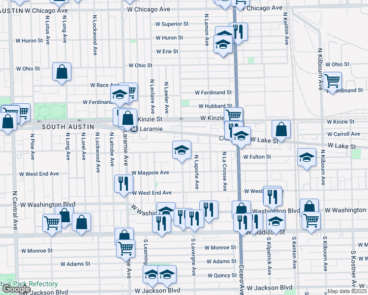 map of restaurants, bars, coffee shops, grocery stores, and more near 4952 West Fulton Street in Chicago
