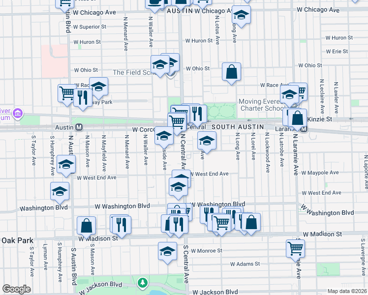 map of restaurants, bars, coffee shops, grocery stores, and more near 306 North Central Avenue in Chicago