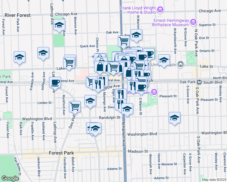 map of restaurants, bars, coffee shops, grocery stores, and more near 7244 Circle Avenue in Forest Park