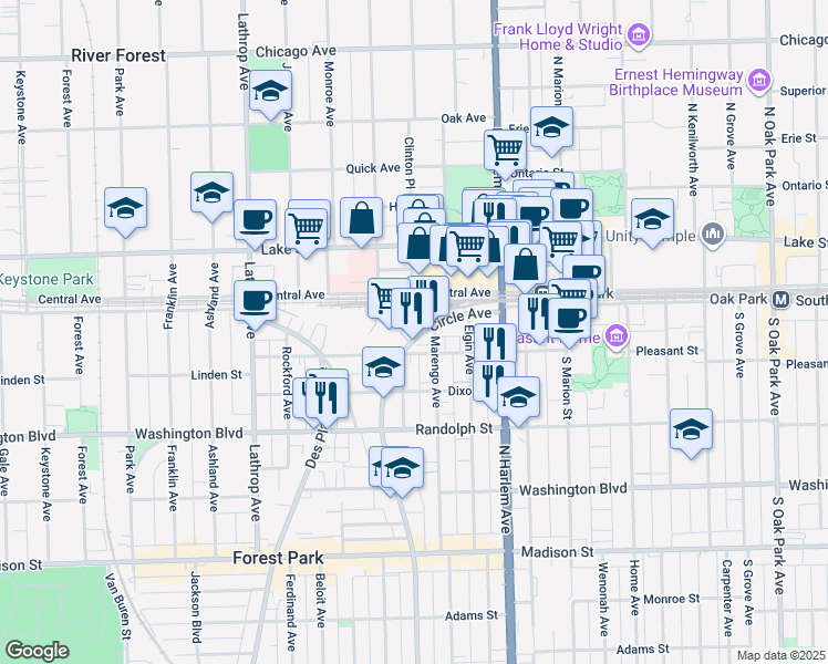 map of restaurants, bars, coffee shops, grocery stores, and more near 7305 Circle Avenue in Forest Park