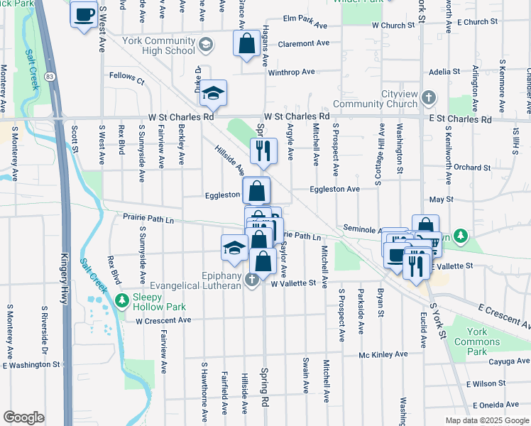 map of restaurants, bars, coffee shops, grocery stores, and more near 481 Spring Road in Elmhurst