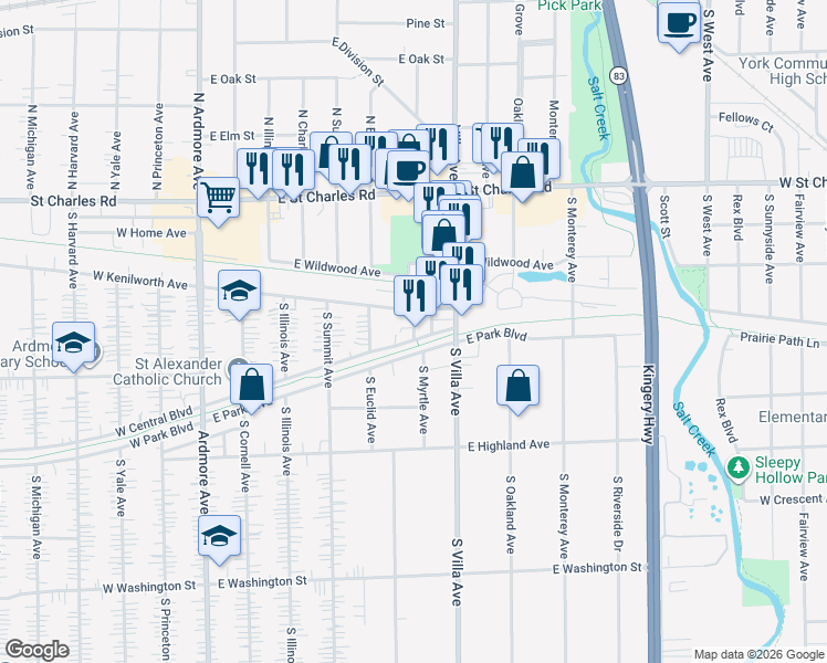map of restaurants, bars, coffee shops, grocery stores, and more near 324E East Central Boulevard in Villa Park