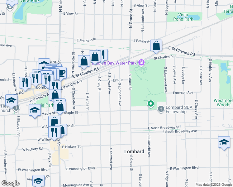map of restaurants, bars, coffee shops, grocery stores, and more near 153 South Stewart Avenue in Lombard
