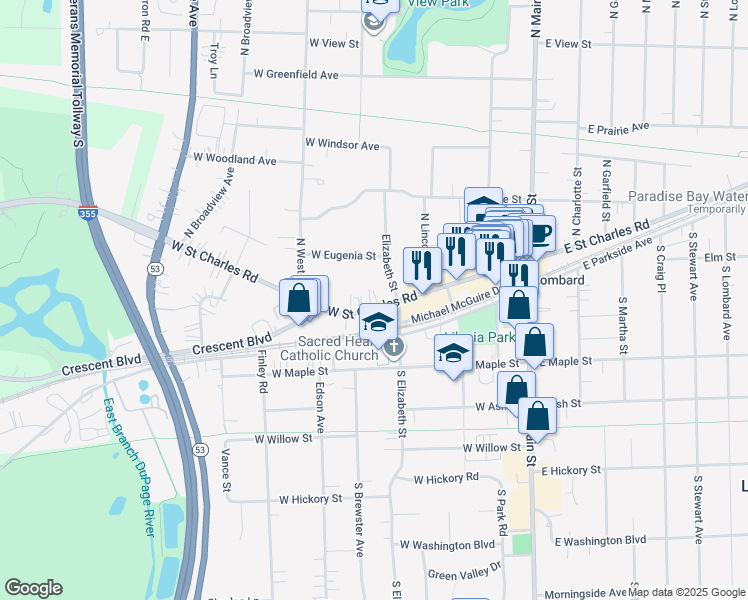 map of restaurants, bars, coffee shops, grocery stores, and more near 306 West Saint Charles Road in Lombard