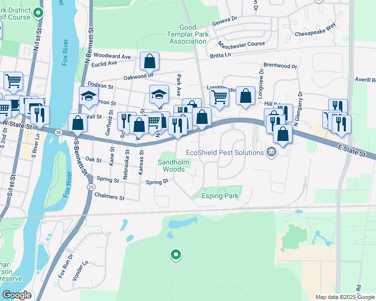 map of restaurants, bars, coffee shops, grocery stores, and more near 25 Sandholm Street in Geneva