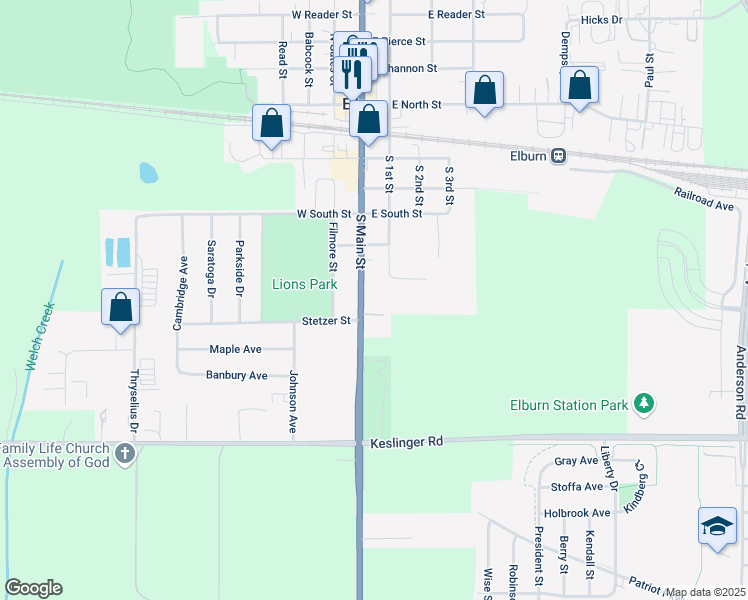 map of restaurants, bars, coffee shops, grocery stores, and more near 559 South Main Street in Elburn