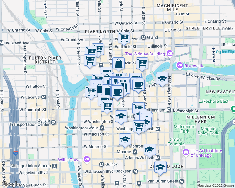 map of restaurants, bars, coffee shops, grocery stores, and more near 201 North Clark Street in Chicago