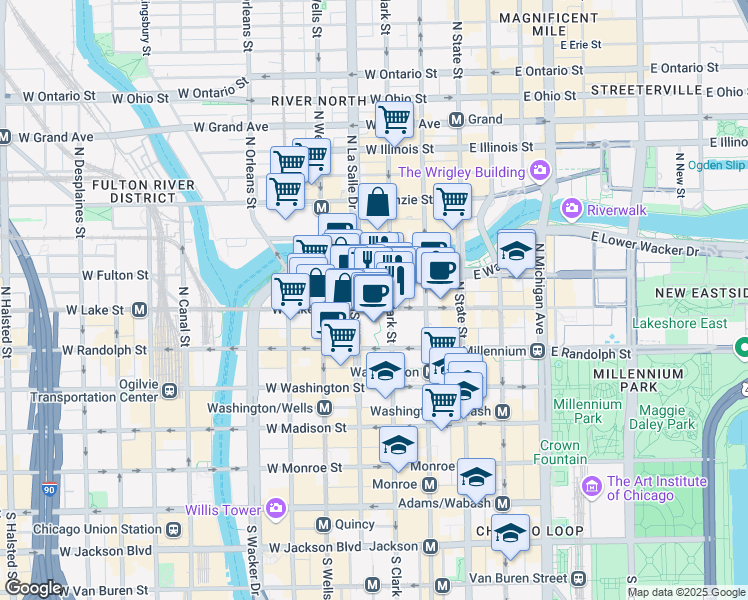 map of restaurants, bars, coffee shops, grocery stores, and more near 222 North Clark Street in Chicago