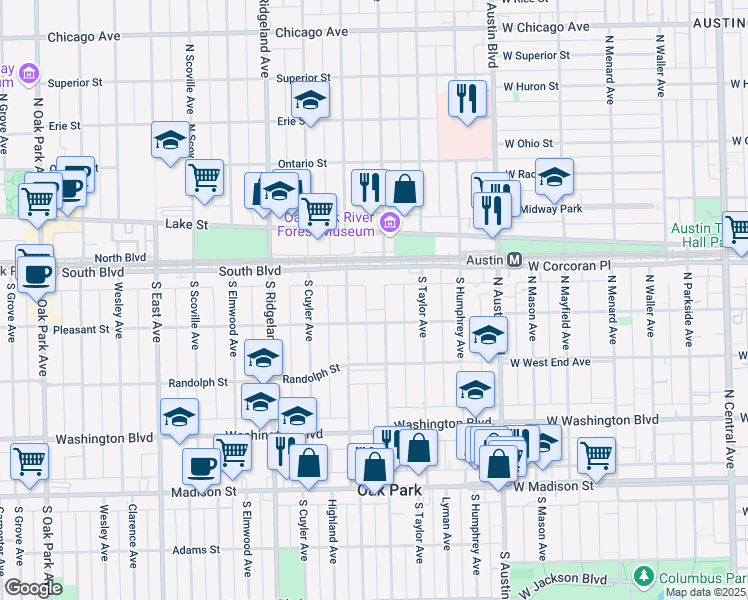 map of restaurants, bars, coffee shops, grocery stores, and more near 127 S Lombard Ave in Oak Park