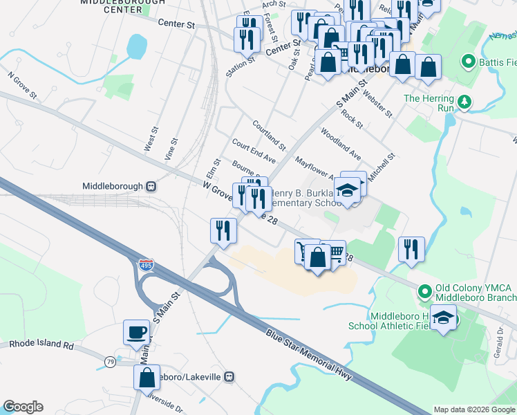 map of restaurants, bars, coffee shops, grocery stores, and more near 124 South Main Street in Middleborough