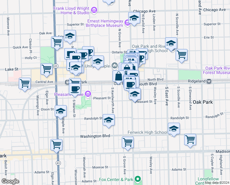 map of restaurants, bars, coffee shops, grocery stores, and more near 122 South Kenilworth Avenue in Oak Park