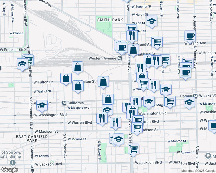 map of restaurants, bars, coffee shops, grocery stores, and more near 251 North Maplewood Avenue in Chicago