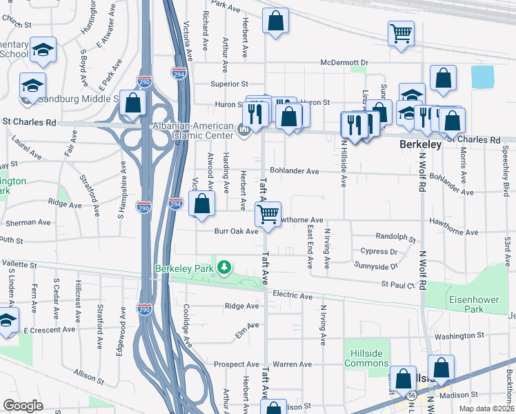 map of restaurants, bars, coffee shops, grocery stores, and more near 1540 North Taft Avenue in Berkeley