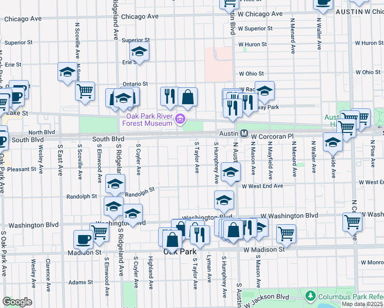 map of restaurants, bars, coffee shops, grocery stores, and more near 127 S Taylor Ave in Oak Park