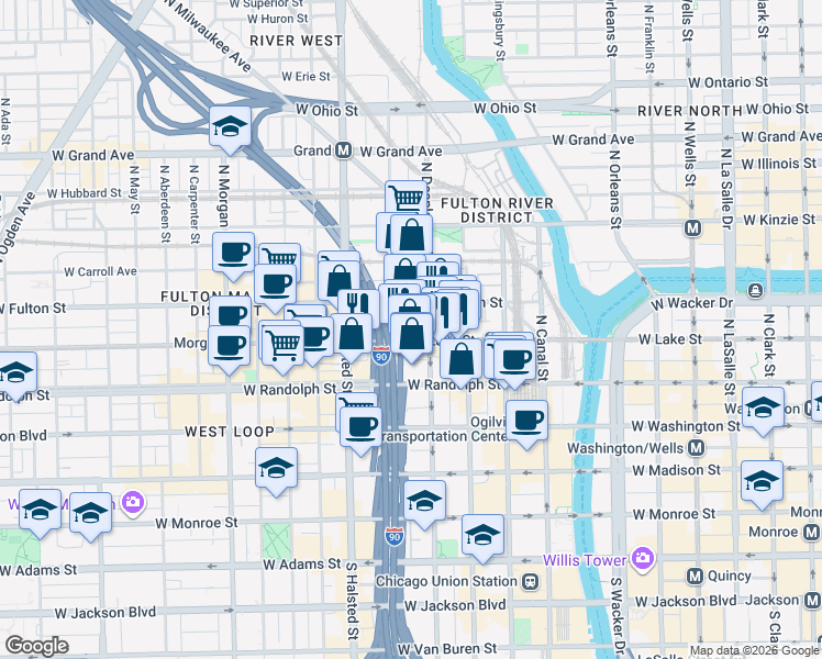 map of restaurants, bars, coffee shops, grocery stores, and more near 650 West Lake Street in Chicago