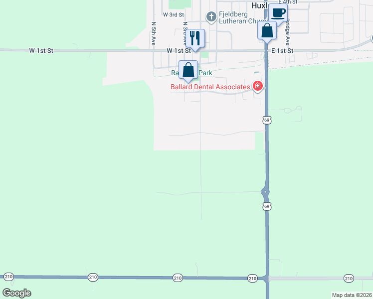 map of restaurants, bars, coffee shops, grocery stores, and more near 100 Snyder Drive in Huxley