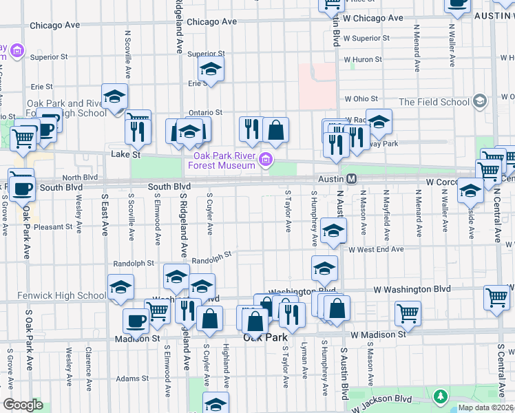 map of restaurants, bars, coffee shops, grocery stores, and more near 127 South Lombard Avenue in Oak Park