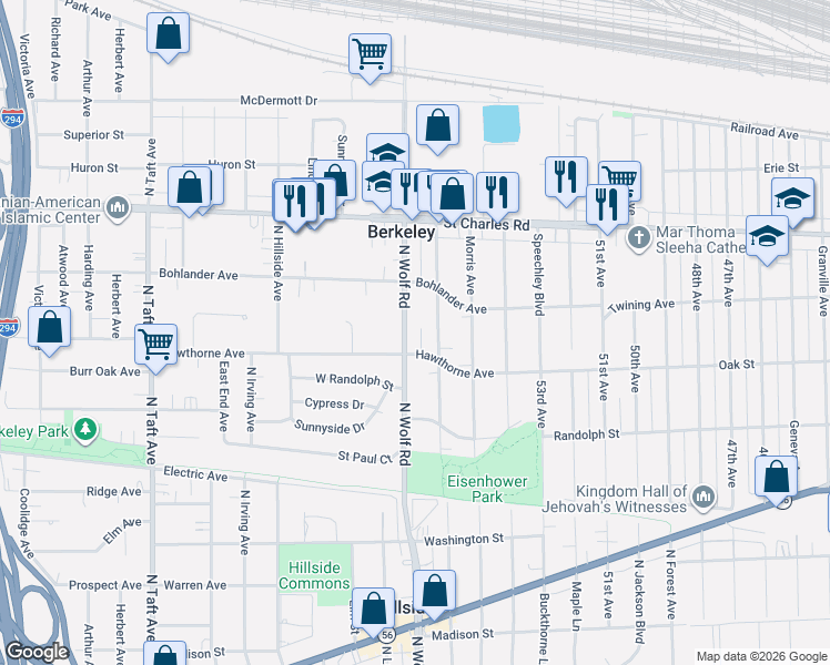 map of restaurants, bars, coffee shops, grocery stores, and more near 1541 North Wolf Road in Berkeley
