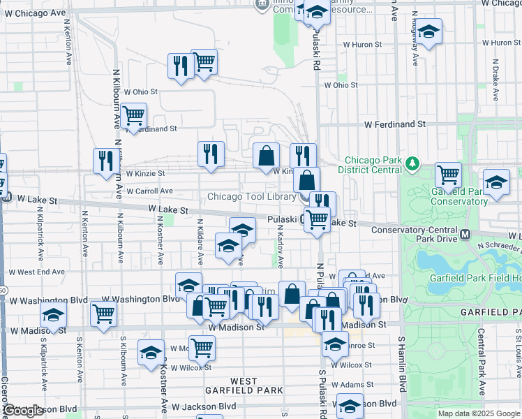 map of restaurants, bars, coffee shops, grocery stores, and more near 4118 West Lake Street in Chicago