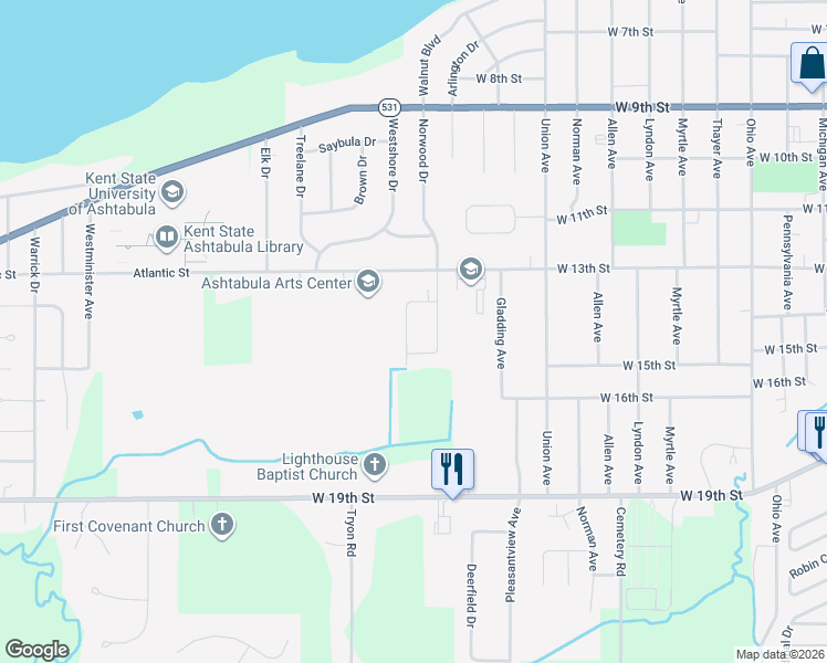map of restaurants, bars, coffee shops, grocery stores, and more near 1412 Eleanor Drive in Ashtabula