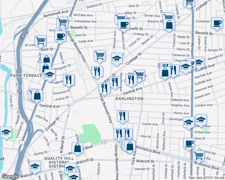 map of restaurants, bars, coffee shops, grocery stores, and more near 15 Kenyon Avenue in Pawtucket