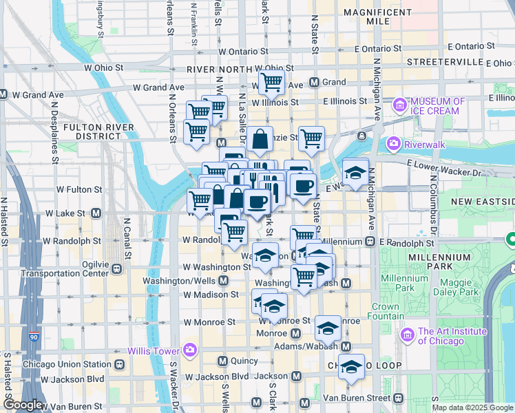 map of restaurants, bars, coffee shops, grocery stores, and more near 201 North Clark Street in Chicago