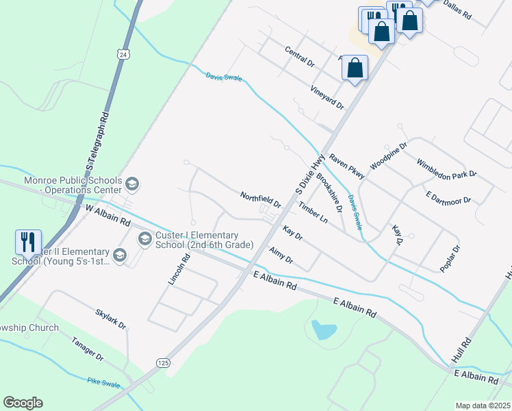 map of restaurants, bars, coffee shops, grocery stores, and more near 5041 Northfield Drive in Monroe