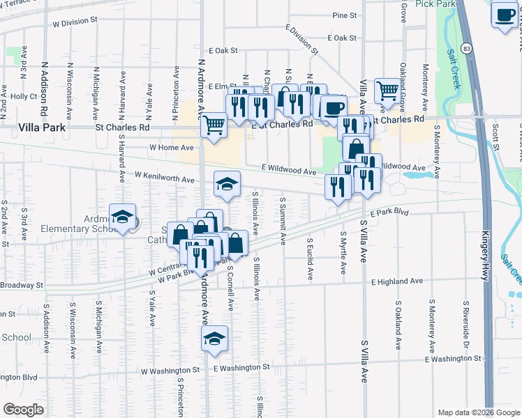 map of restaurants, bars, coffee shops, grocery stores, and more near 131 South Illinois Avenue in Villa Park