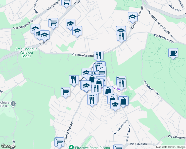map of restaurants, bars, coffee shops, grocery stores, and more near 65 Via del Fontanile Arenato in Rome