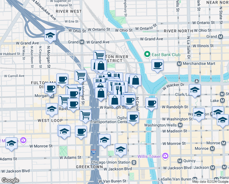 map of restaurants, bars, coffee shops, grocery stores, and more near North Jefferson Street in Chicago