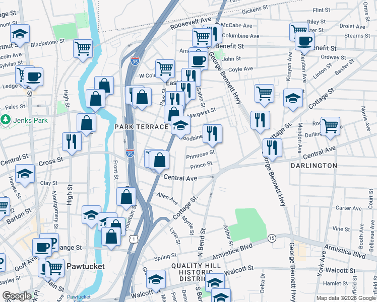 map of restaurants, bars, coffee shops, grocery stores, and more near 91 Daniels Street in Pawtucket