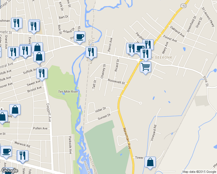map of restaurants, bars, coffee shops, grocery stores, and more near 64 Bergeron Street in Seekonk