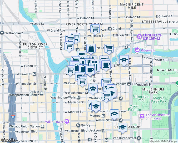 map of restaurants, bars, coffee shops, grocery stores, and more near 201 North Clark Street in Chicago