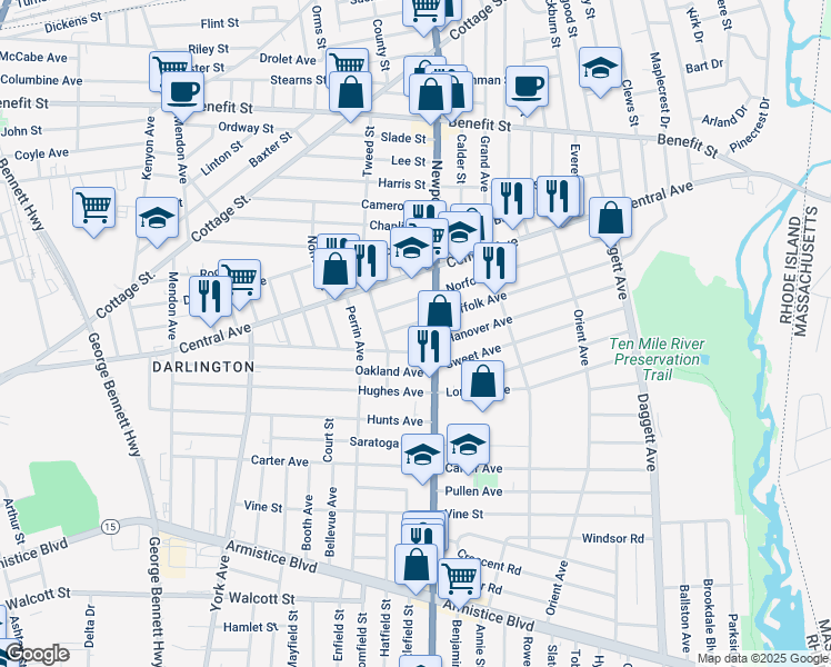 map of restaurants, bars, coffee shops, grocery stores, and more near 19 Short Street in Pawtucket