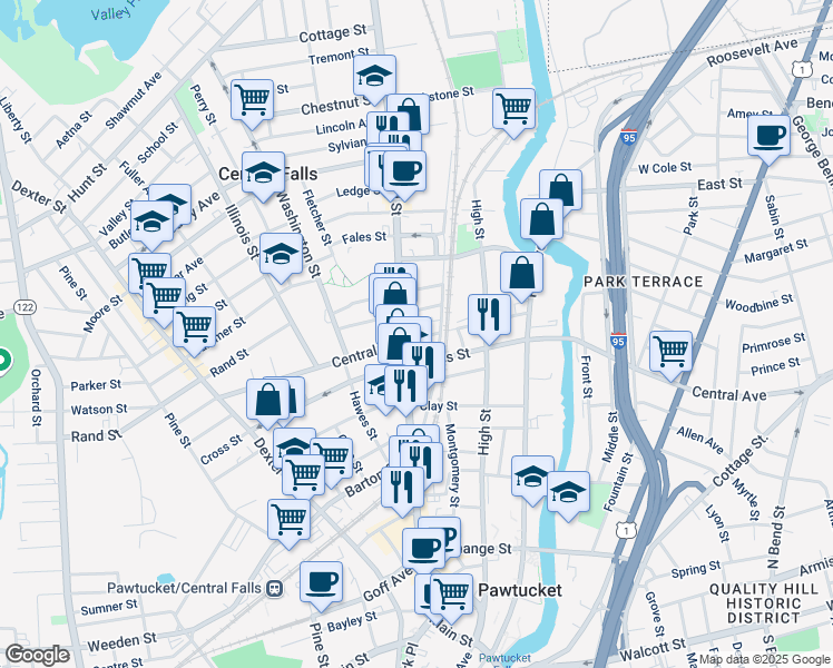 map of restaurants, bars, coffee shops, grocery stores, and more near 151 Central Street in Central Falls