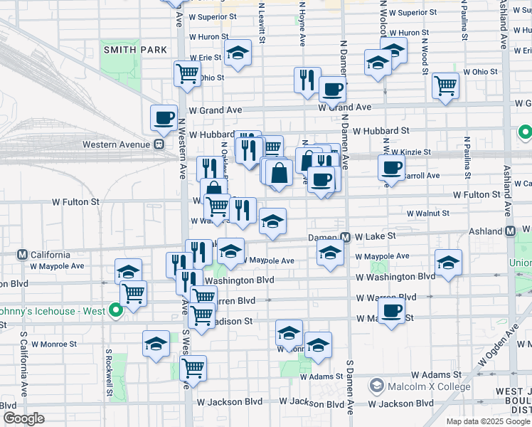 map of restaurants, bars, coffee shops, grocery stores, and more near 2142 West Walnut Street in Chicago