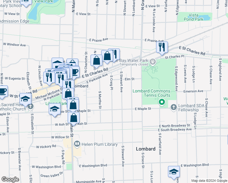map of restaurants, bars, coffee shops, grocery stores, and more near 151 South Craig Place in Lombard